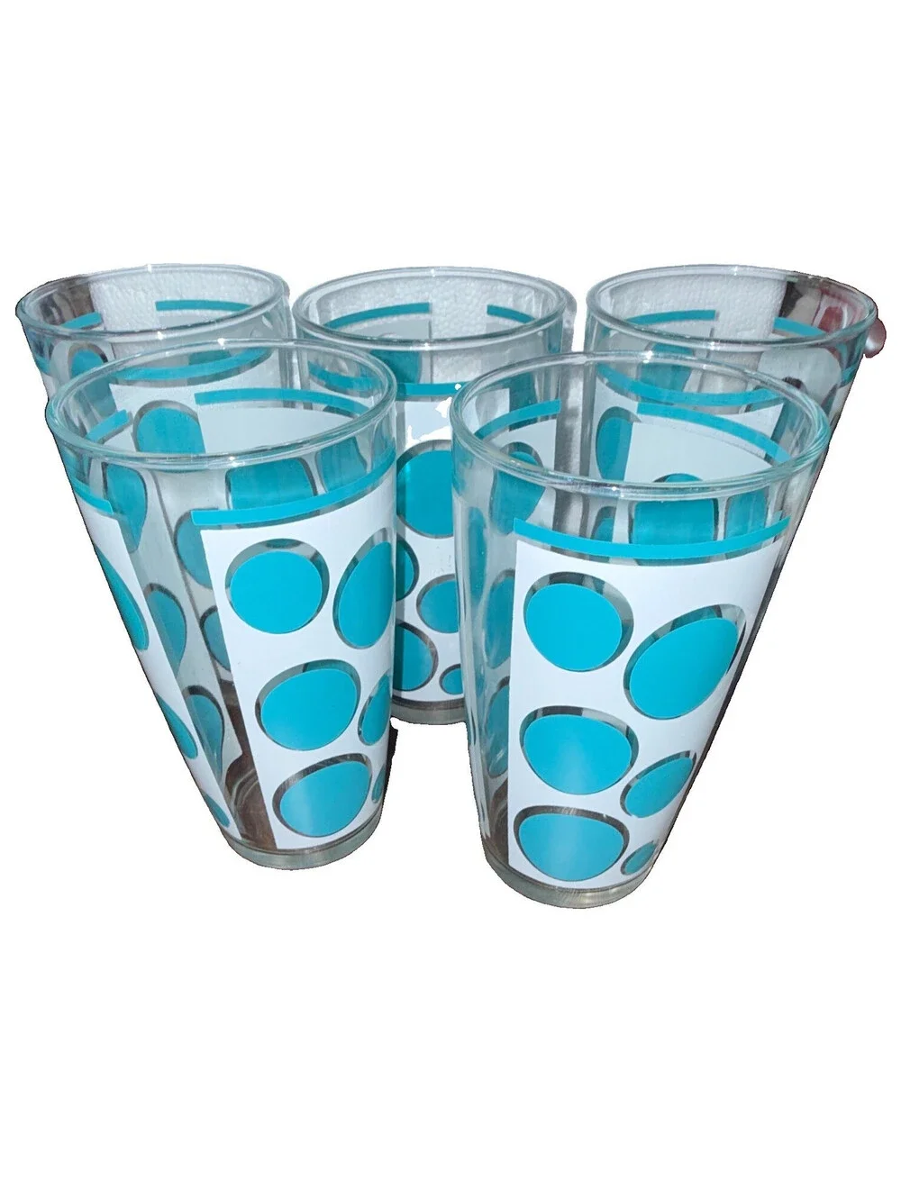 Set of 5 Vintage Mid Century Modern  Aqua Dot Highball Tumblers Drinking Glasses